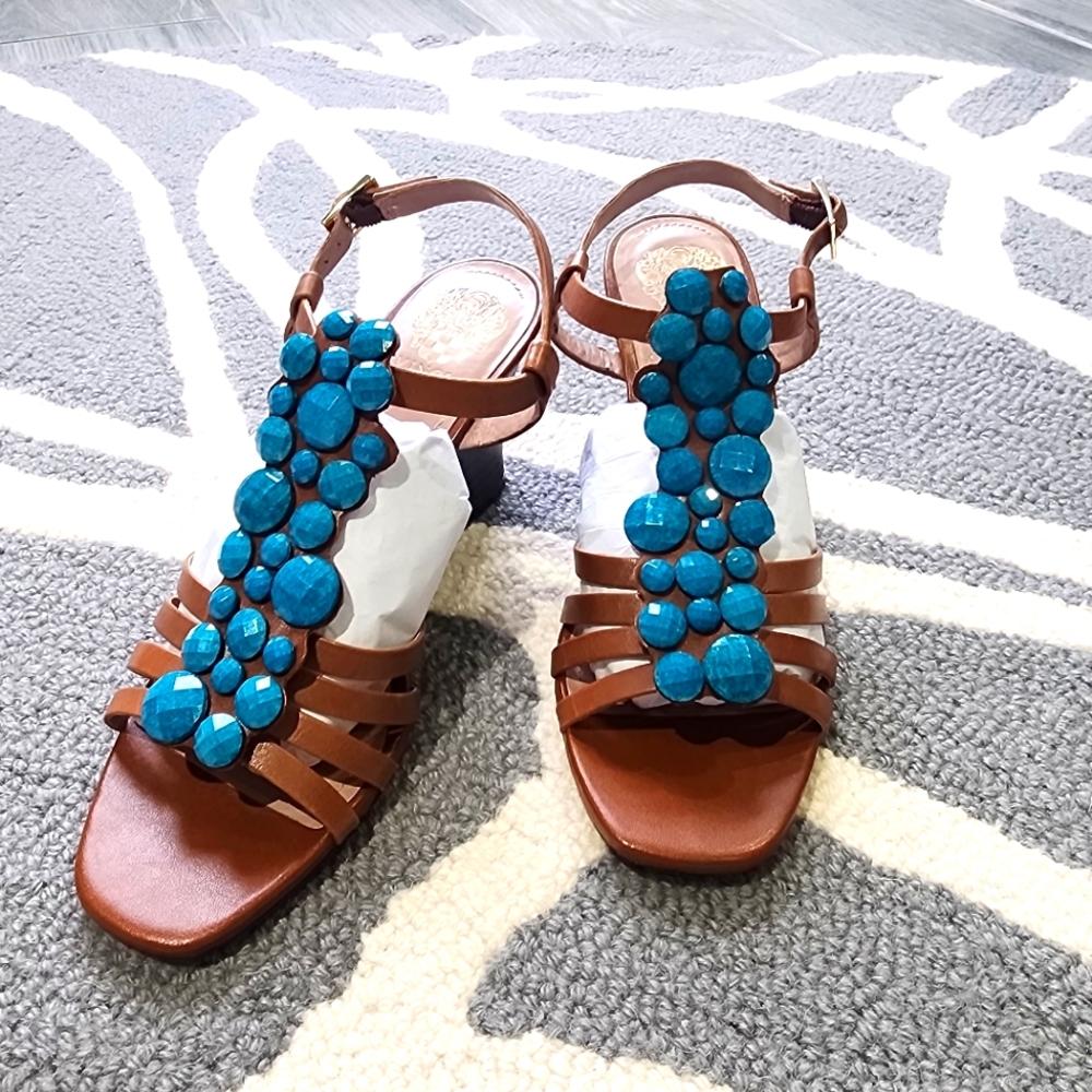 Vince Camuto Turquoise/Camel Sandal. Gold hardware. Wedge. Leather Upper.